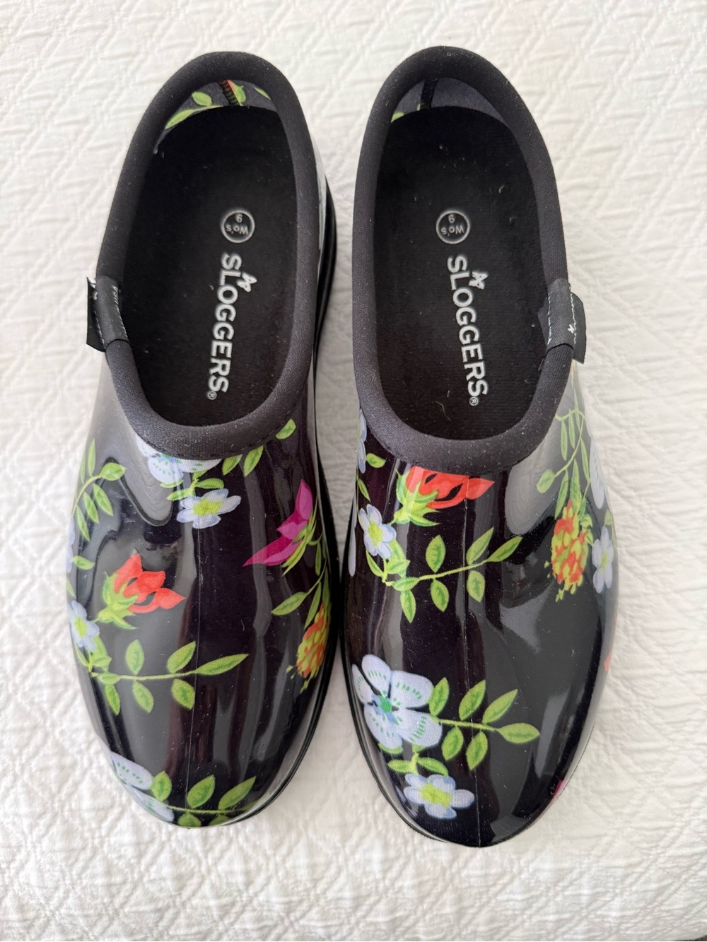 Sloggers Black Floral Garden Clogs with Green and Pink Accents